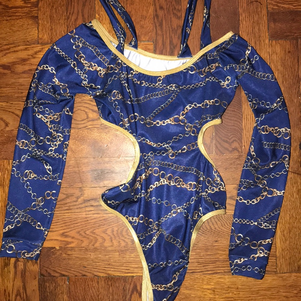 Blue and gold chain bodysuit